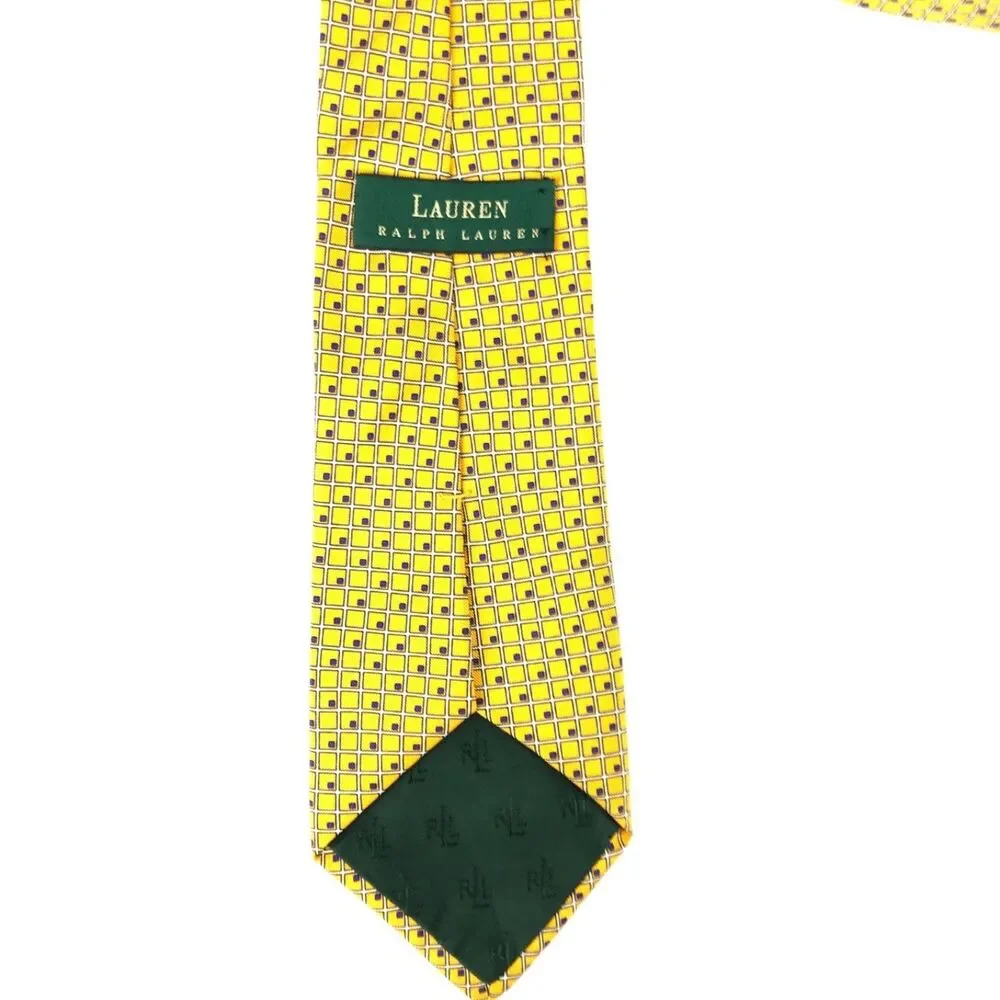 Ralph Lauren Yellow White Blue Squares Elegant 100% Silk Men's Tie Necktie 57